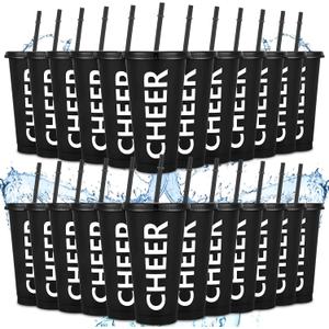 Layhit 24 Sets Cheer Teams Gifts Cheerleading Plastic Tumbler with Lids and Straws 24 oz Reusable Cheer Cups Bulk for for Sport Events Football Baseball Basketball Team Party Supplies (Black)