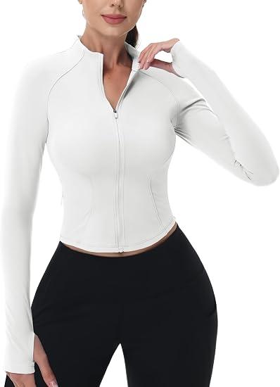 MAGCOMSEN Athletic Light Jackets Women Full Zip Lightweight BBL Jacket Cropped Long Sleeve Workout Tops Fitted Yoga Gym Thumbholes White S