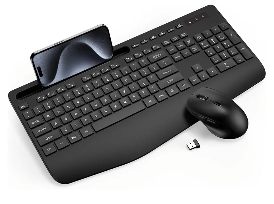 Wireless Keyboard and Mouse Combo - Full-Sized Ergonomic Keyboard with Wrist Rest, Phone Holder, Sleep Mode, Silent 2.4GHz Cordless Keyboard Mouse Combo for Computer, Laptop, PC, Mac, Windows -Trueque