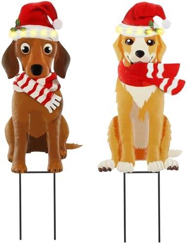 Soaoo 2 Pack Solar Christmas Outdoor Decorations 27 Solar Light Dog Metal Christmas Stake Yard Signs Decoration with Santa Hat for Xmas Holiday Garden Lawn(Dog).