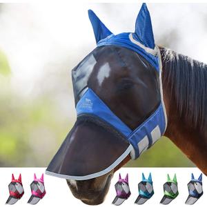 Harrison Howard CareMaster Pro Luminous Horse Fly Mask Large Eye Space Long Nose with Ears UV Protection for Horse Royal Blue L Full Large