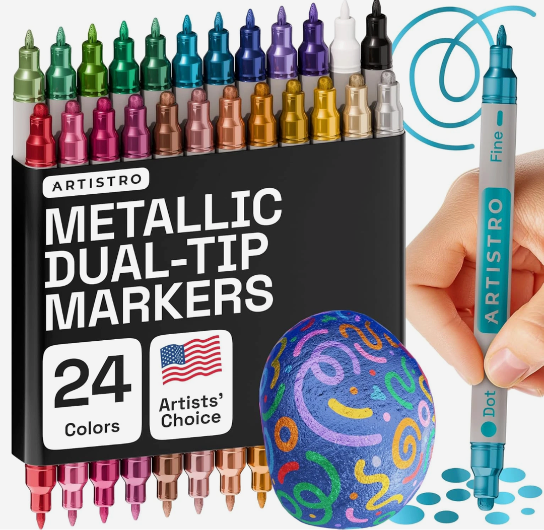 ARTISTRO 24 Metallic Dual-Tip Acrylic Paint Markers for Rock, Canvas, Glass, Wood, & More Fine + Dot Tips