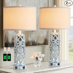 RORIANO 25'' Vintage Coastal Table Lamp Bedside Lamps Set of 2, Farmhouse Table Lamps with Dual USB Ports for Bedroom, Wash Blue Hollow Out Resin Lamp with Nightlight for End Table, 2 Bulbs Included