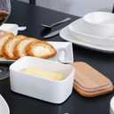 Large Ceramic Butter Dish with Lid and Natural Oak Wood Cover for Kitchen Decor and Accessories for Kitchen Gift, White
