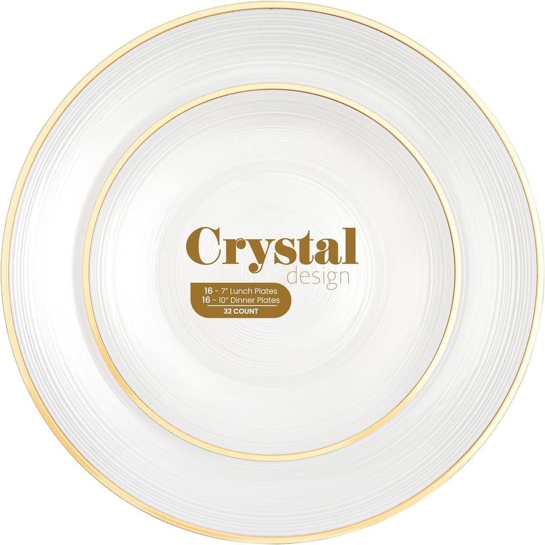 PLASTICPRO 32 Pieces Crystal Design Plastic Plates Combo Pack 7 inch and 10 inch Gold Rim Elegant Disposable Plates, Pearl White
