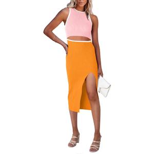 PRETTYGARDEN Women's Summer Midi Bodycon Dresses Casual Crew Neck Side Slit Sleeveless Knit Cut Out Tank Top Dress (L)