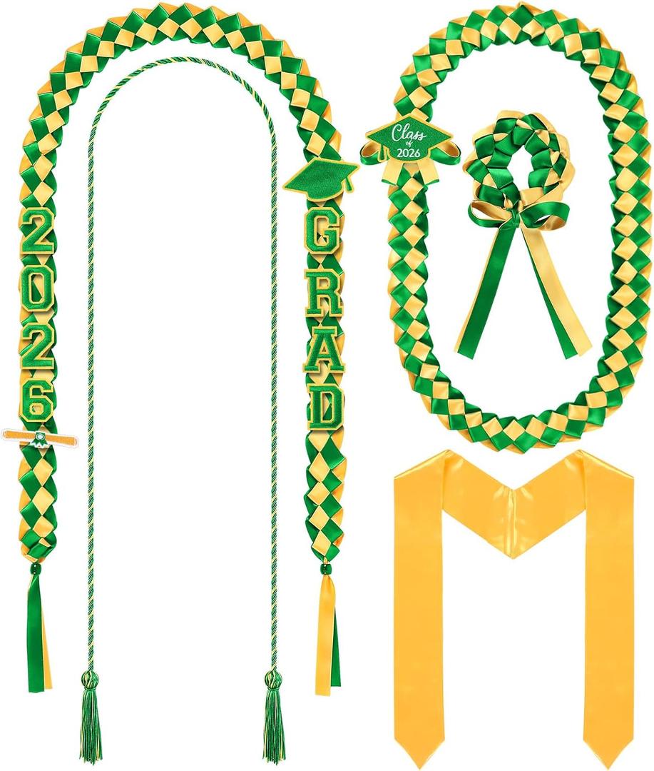Canlierr 18 Pcs 2026 Graduation Leis and Stole and Honor Cords with Tassel Braided Necklace Adjustable for Student Graduation Gifts Party Supplies(Green and Gold)