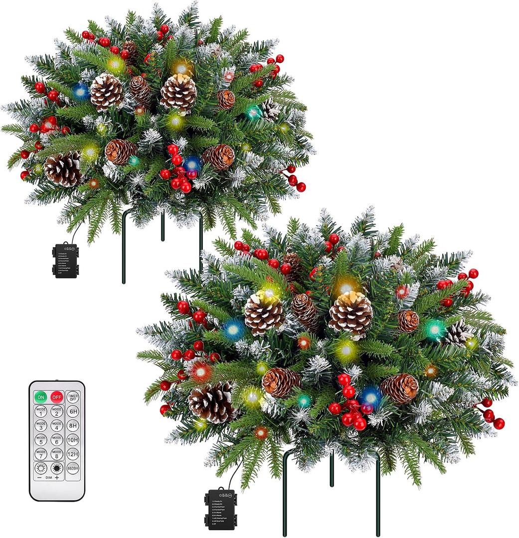 Set of 2 Christmas Planter/Urn Fillers Outdoor Front Porch, Artificial Prelit Christmas Tree with Remote, Holiday Pot Fillers with Timer, Multi-Color Lights, Outdoor Christmas Decorations Yard