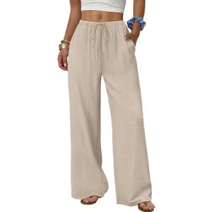 Sampeel Linen Pants Women Wide Leg Palazzo Pants Flowy Casual Summer Outfits Fashion Beach Vacation Clothes Plus Size Spring Drawstring Elastic Waist Trouser Khaki XL