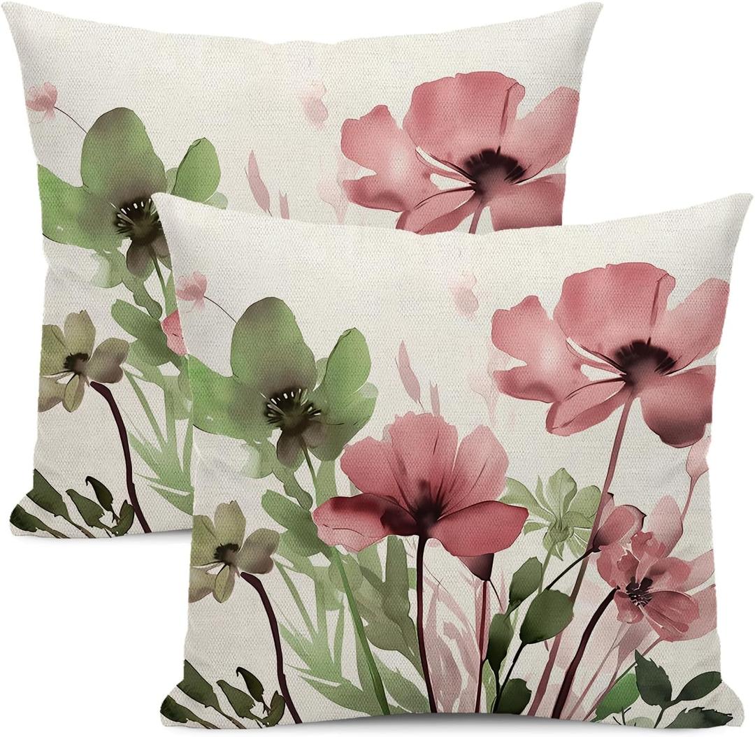 Spring Floral Pillow Covers 18x18 Inches Set of 2 Sage Green Pink Floral Throw Pillow Covers Outdoor Rustic Summer Flower Decoration Pillowcase Farmhouse Decorative Cushion Cover For Home Couch