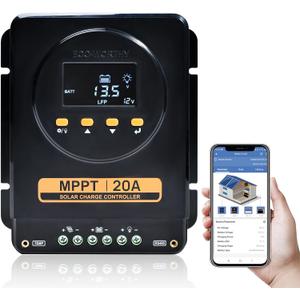 ECO-WORTHY MPPT Solar Charge Controller 12V/24V 20A,Bluetooth & APP Monitoring,LCD Display, Solar Panel Regulator for Gel,SLA,FLD,LFP Battery in Solar System,RV