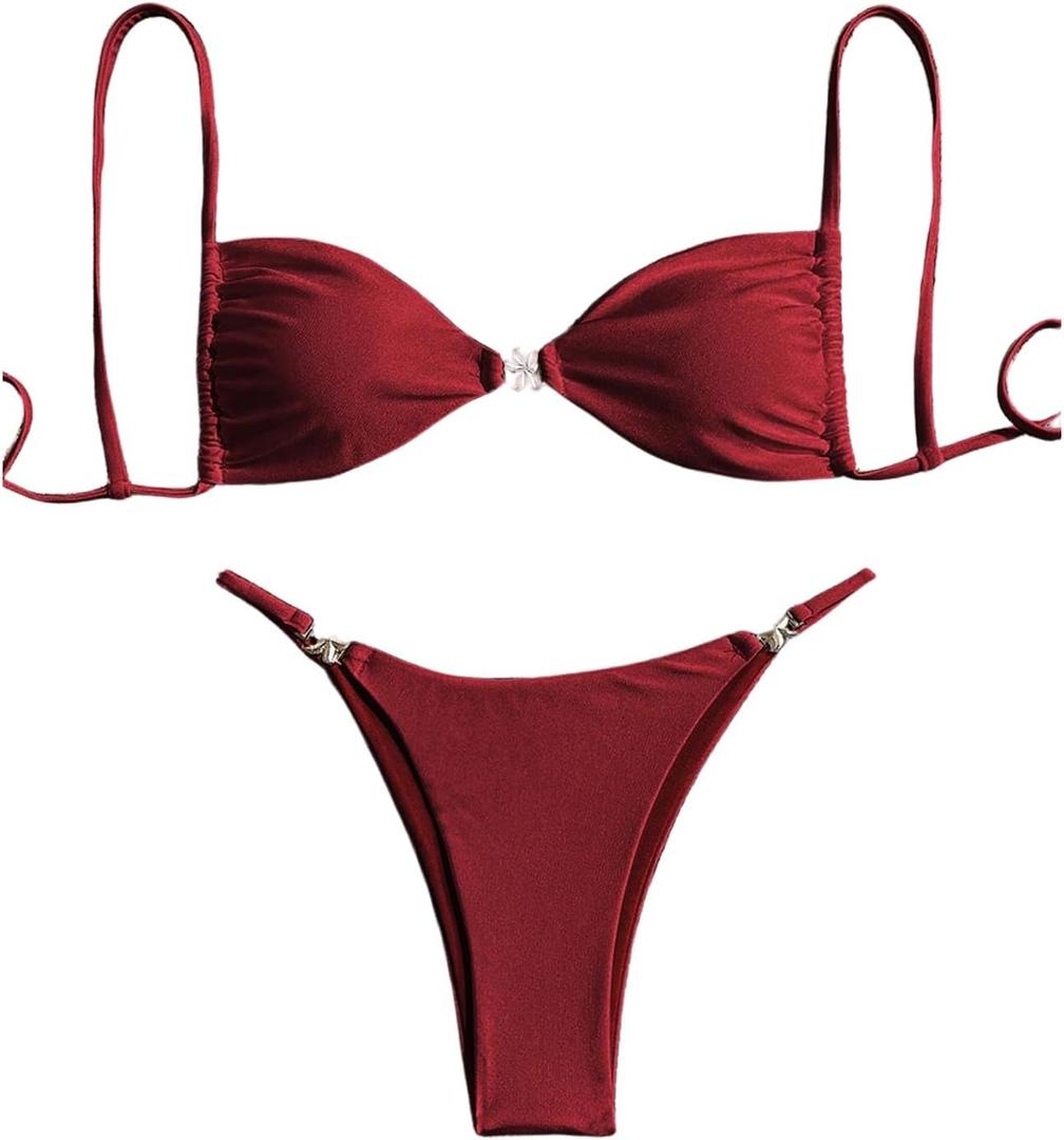 RoseSeek Women's 2 Piece Swimsuit Starfish Decor Padded Boho Bathing Suit Spaghetti Strap Bikini Set (Red, L)
