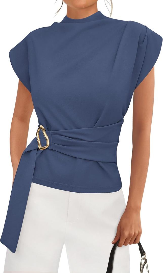 PRETTYGARDEN Women Blouses Spring Dressy Cap Sleeve Mock Neck Work Shirts Buckle Tunic Summer Business Casual Tops 2026 (Blue, L)