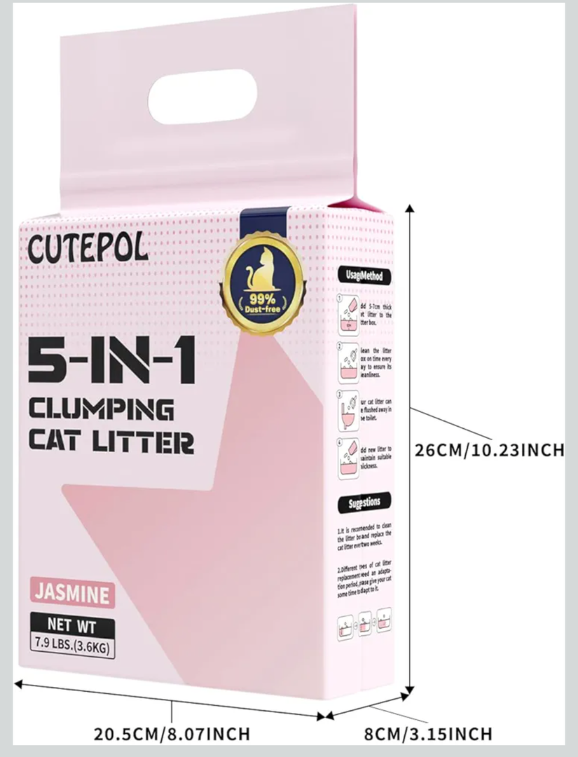 Cutepol Mixed 5-in-1 Clumping Cat Litter 15.8 lb, Odor Control and Rapid Clumping, Water Absorbent and Flushable, Dust-Free, Multi-Cat, Bentonite Tofu and Cassava Cat Litter, Jasmine, 7.9lb/Bag( 4 Packs)