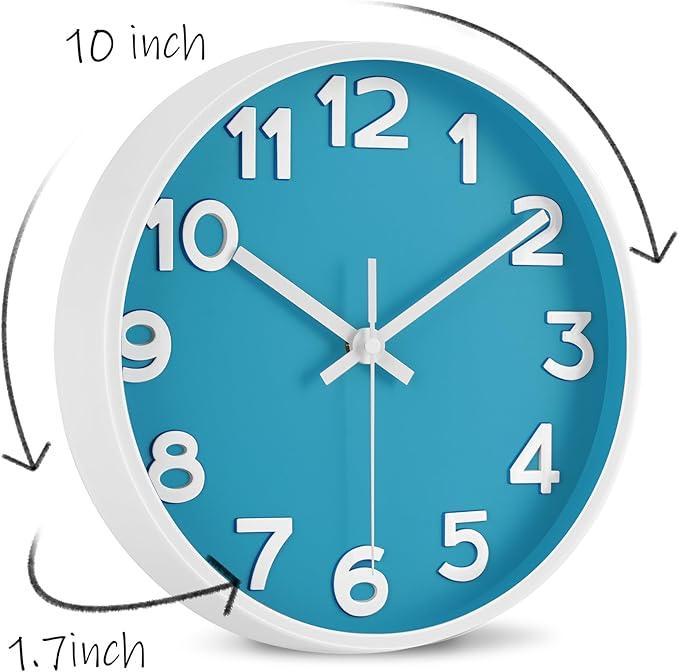 HIPPIH Wall Clock  10 Inch Modern Wall Clocks Battery Operated, Non Ticking Silent Wall Clock, Simple Small Analog Wall Clock for Living Room, Bedroom, Kitchen, School, Office, Blue