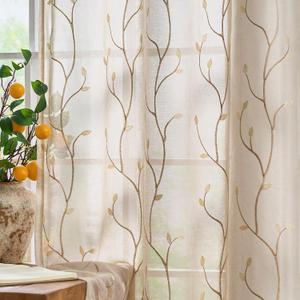 jinchan Sheer Curtains for Bedroom 96 Inch Length Leaf Embroidered Semi Sheers for Living Room Botanical Embroidery Voile Transparent Grommet Window Treatments 2 Panels (Vine Grommet Beige)
