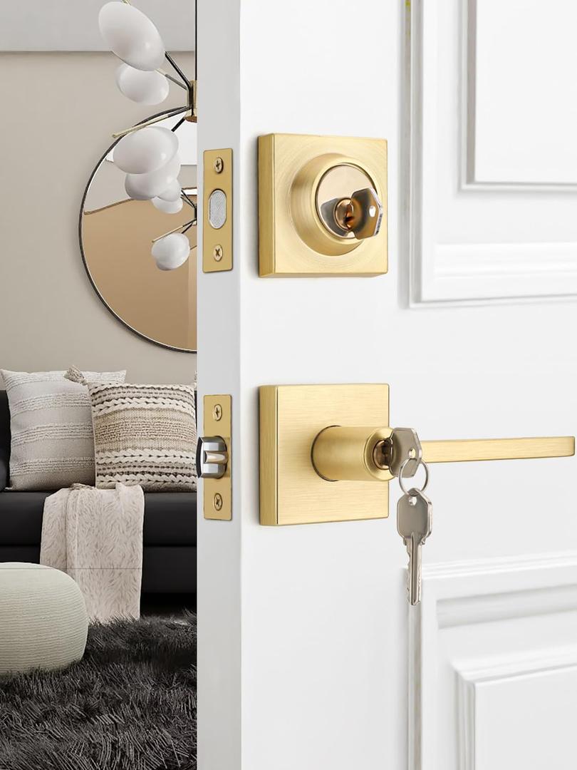 3 Sets Entry Door Handle and Single Cylinder Deadbolt Lock and Key Combo Pack - Heavy Duty Square Locking Lever Set - Interior/Exterior Door Levers in Satin Brass Finish (Entry Door Lock with Single Deadbolt Cylinder)