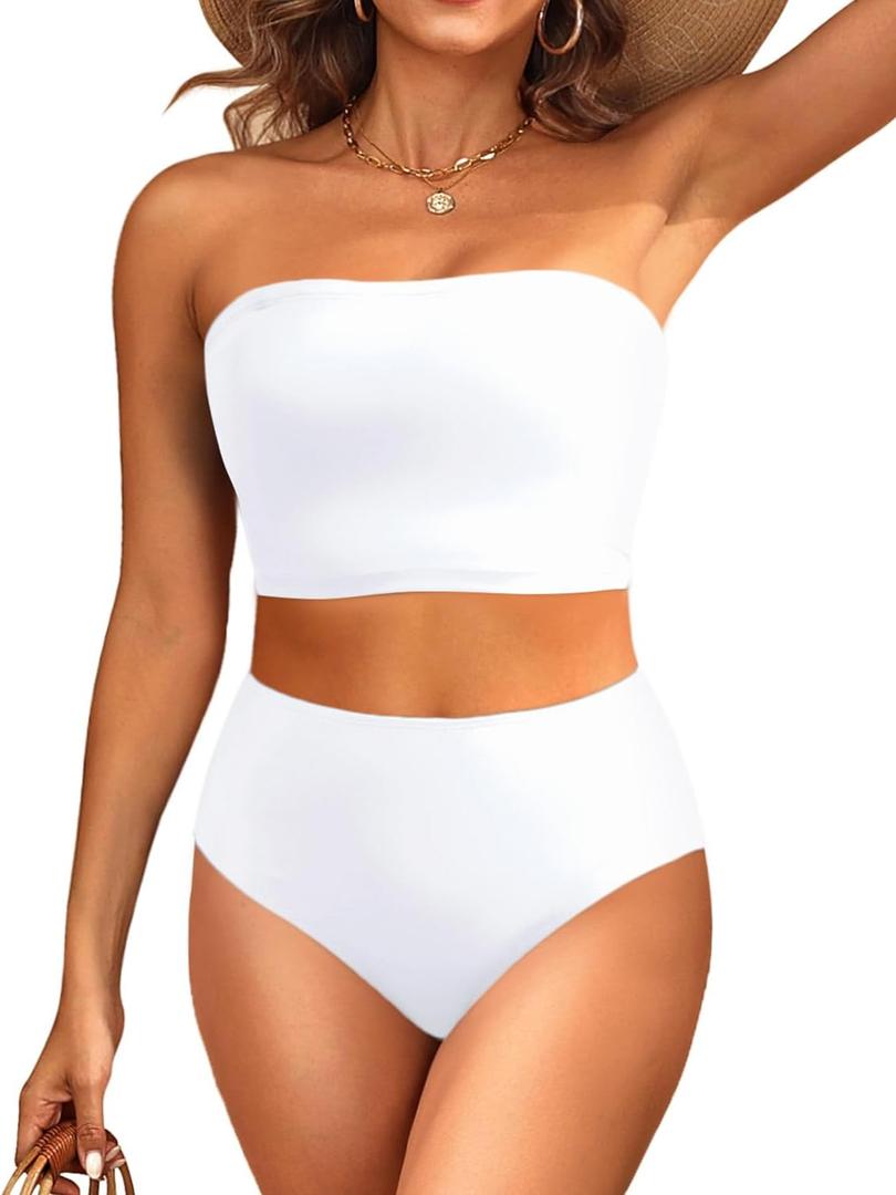 Tempt Me Women Bandeau Bikini Set Strapless High Waisted Two Piece Swimsuit Longline Bathing Suits (XX-Large, White)