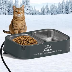 Heated Cat Bowl for Outdoor Cats in Winter, 56 OZ Heated Water Food Bowl with Raised Brackets to Protect Pet's Neck, Outdoor Heated Pet Bowl with 2 Stainless Steel Bowl, No Frozen Water or Food (Gray)