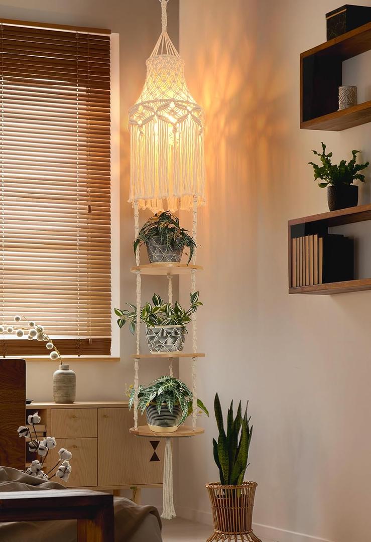 ANROYE 3-Tier Macrame Hanging Lamp Shelf, Boho Woven Corner Pendant Light Shade Plant Shelves with Plug Cord, Bohemian Hanging Bedside Ceiling Light Fixture, Farmhouse Decor for Bedroom Women Gift