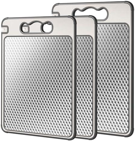 Double Sided 304 Stainless Steel & Wheat Straw Cutting Board,Non Toxic Lightweight Chopping Board, Dishwasher Safe,Scratch Resistant Mesh Design,3Pcs Cutting Board Set 16"*11"(1pack)&14.4"*9.8"(2pack)