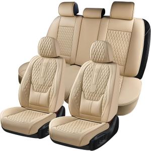 Coverado Car Seat Covers Full Set, Nappa Leather Seat Covers for Car, Waterproof Car Seat Protector with Lumbar Support, Automotive Seat Covers Universal Fit for Most Cars SUV Trucks (Beige)