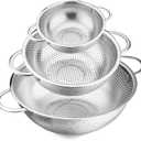 E-far Stainless Steel Colander Set of 3 (1-3-5Quart), Micro-Perforated Metal Colander Strainer with Handle for Kitchen/Draining Pasta/Rinsing Vegetables Fruits, Heavy Duty & Dishwasher Safe