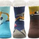 Kids Boys Winter Socks Warm Fuzzy Socks for Girls Home Floor Soft Lined Fluffy Socks with Grips 3 Pack (Engineering Cars 6305)