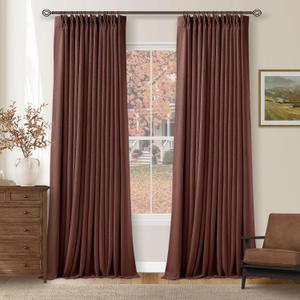 Brick Brown Pinch Pleated Blackout Linen Curtains 120 Inches Long for Living Room Bedroom 2 Panels Room Darkening Thermal Insulated Red Chestnut Country Farmhouse 100% Black Out Window Curtain Drapes