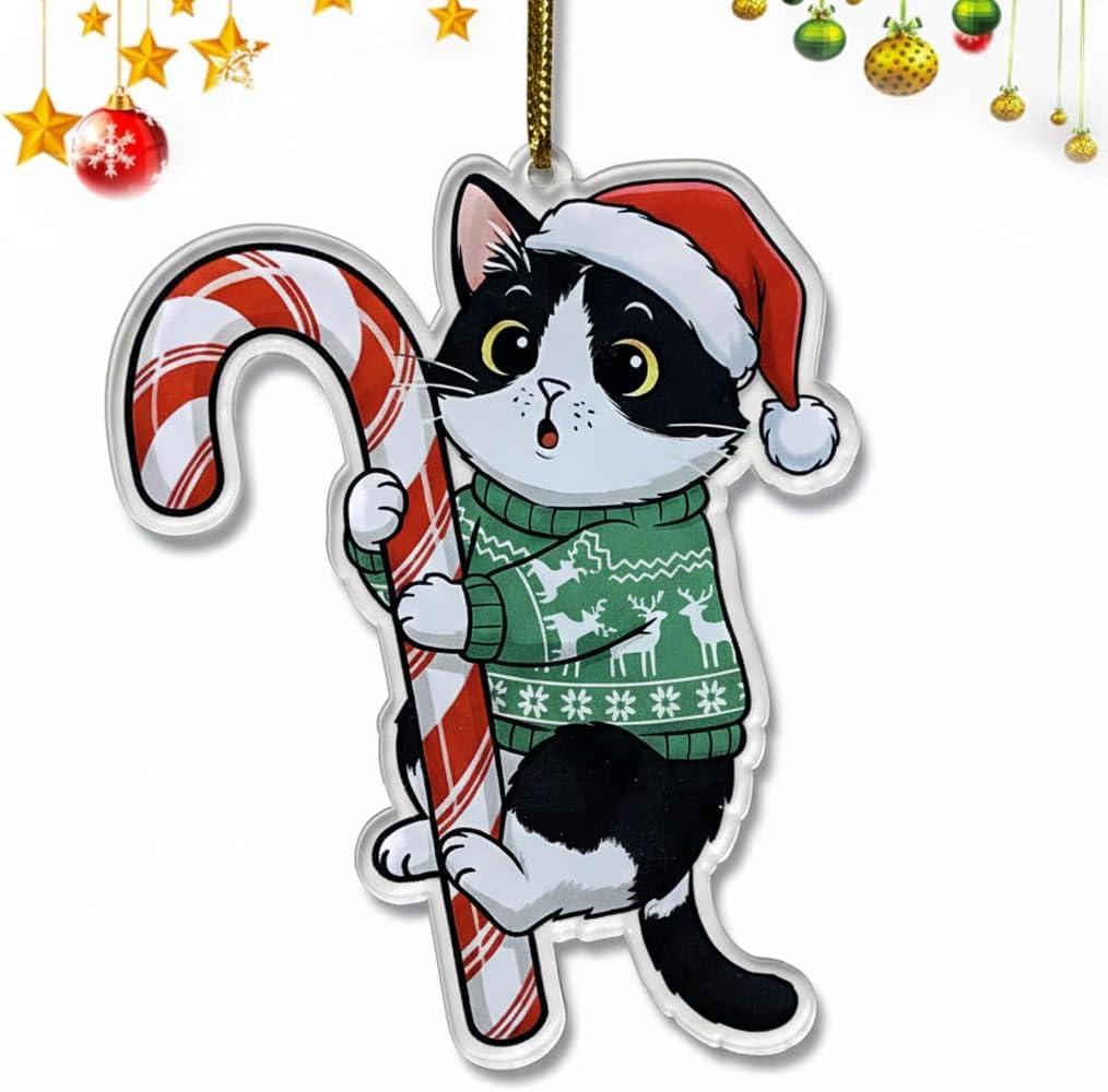 Tuxedo Cat Ornament Hugging Candy Cane 2D Flat Acrylic Ornament - Christmas Tree Decoration, Black and White Cat Holiday Tree Decoration for Pet Lovers 2025
