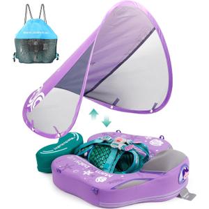 Mambobaby Float Upgrade Add Tail Baby Float with Canopy for Infant Waist Swimming Ring Swim Trainer Non-Inflatable Floats Toys with Adjustable Safety Strap (Purple Mermaid)
