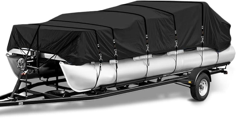1200D Heavy-Duty Pontoon Boat Cover, Metal Windproof Buckle Straps Waterproof Fade and Tear Resistant Trailerable UV-Proof Pontoon Covers Fit 25ft-28ft Long (Black)