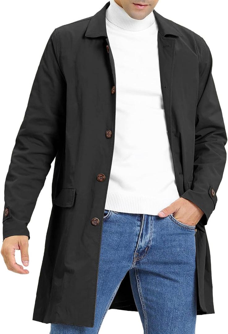 Mens Trench Coat Slim Fit Single Breasted Casual Long Jacket Lightweight Lapel Fall Windbreaker Overcoat (Black, S)