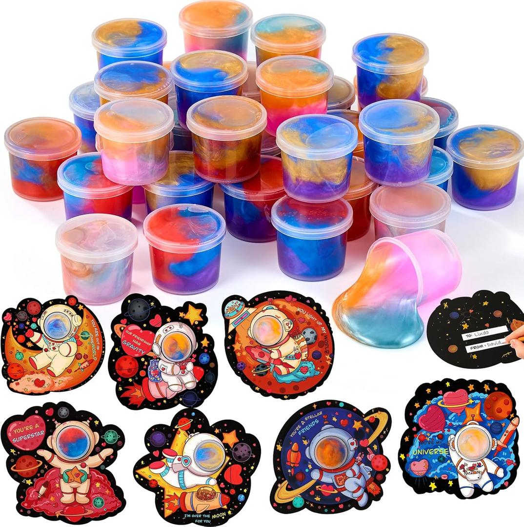 28 Pack Valentines Day Gifts for Kids Classroom - Galaxy Slime with Valentines Day Cards for Kids School, Valentine Classroom Exchange Prizes, Party Favors, Non Candy Gift Exchange
