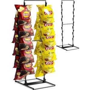 Chip Rack Display Stand, Potato Chip Display Rack with 24 Clips, 2 Row Chip Bag Holder for for Party Display, Snack Retail Display Rack Chip Stand Display for Countertop Store, Black