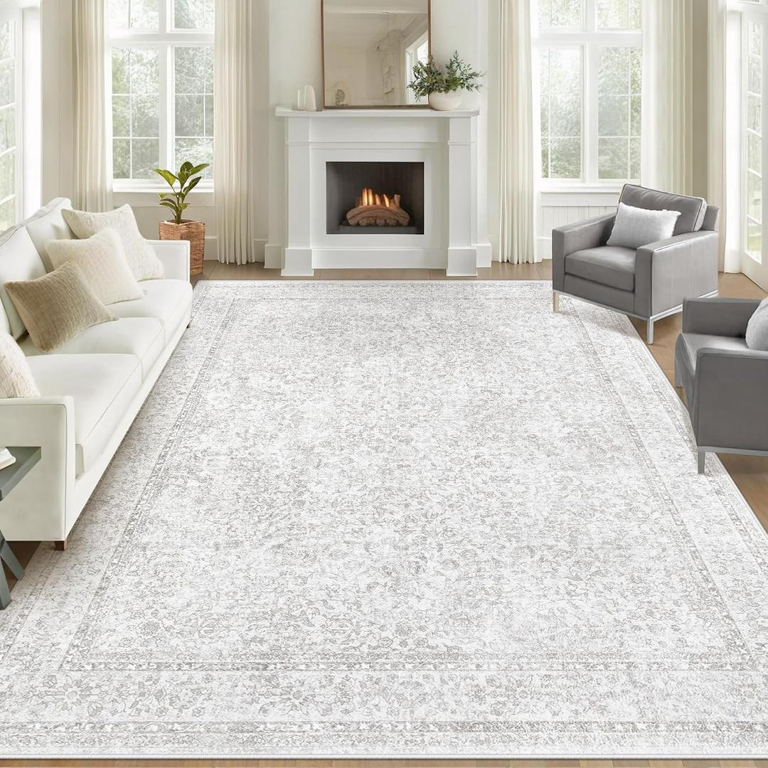 8x10 Area Rugs for Living Room: Washable Large Vintage Floral Rug Low Pile Non-Slip Boho Carpet for Bedroom Home Office Dining Room (Floral Grey, 8'x10')