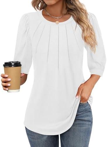 Ficerd Womens Puff 3/4 Sleeve Tunic Tops Crew Neck Floral Pleated Blouses Dressy Casual Loose Fit Shirts Size M