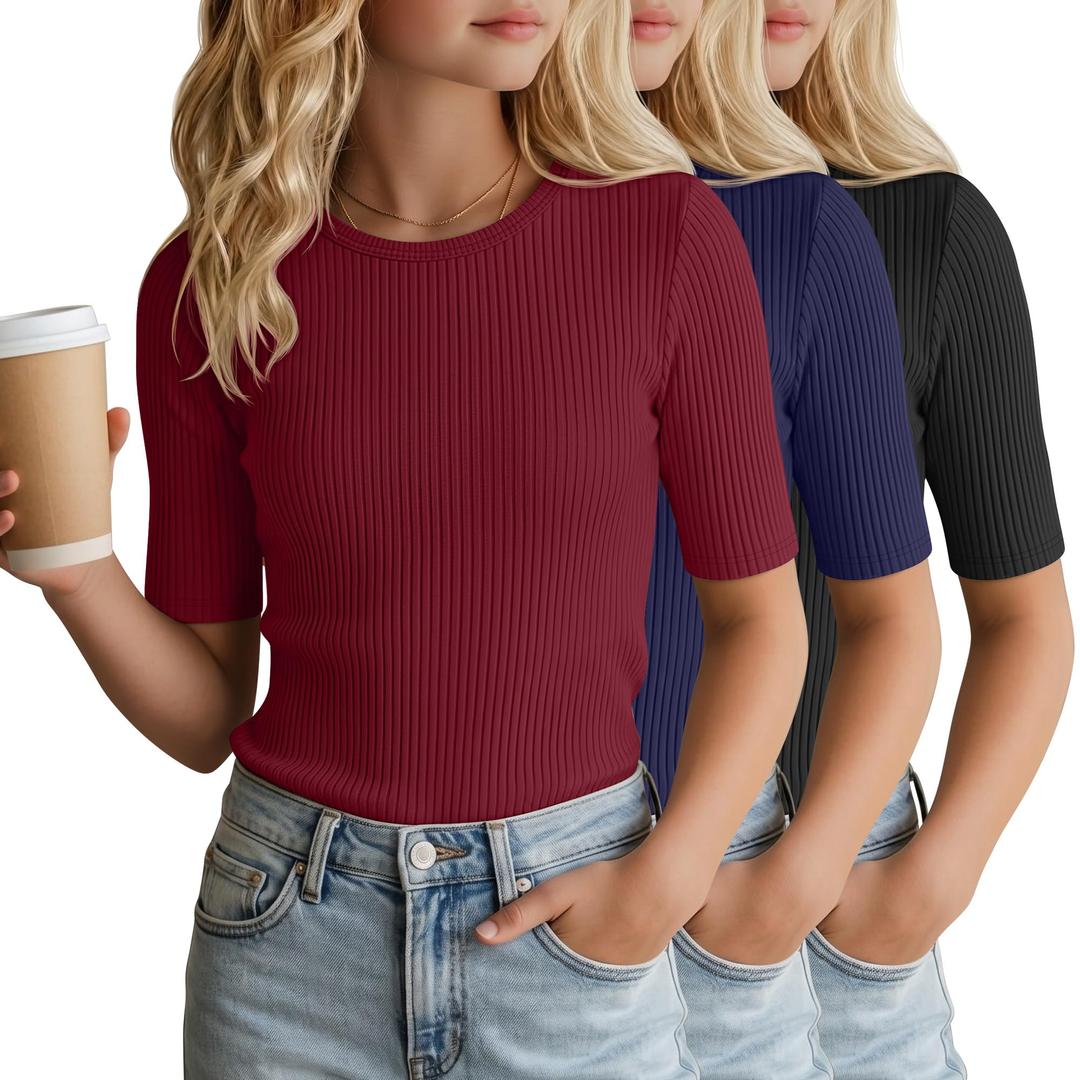 LessonZoo 3 Pack Girls Short Sleeve Shirts Ribbed Knit Crew Neck Tops Slim Fit Summer Basic Fashion Tees for Kids 5-14 Years(Black, Wine Red, Navy Blue,13-14 Years)