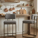 26" H Counter Height Bar Stools Set of 2, Modern Linen Fabric Upholstered Barstools with Backrest for Kitchen Island, Black and Brown Metal Frames