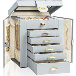 AKOZLIN Functional 6-Tier Jewelry Box Organizer with 5 Drawers Leather Jewelry Storage Case for Women Girls Ring Necklace Earring Bracelet Holder Organizer with Mirror Grey (Regular)