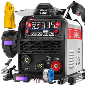 ANDELI 135A MIG Welder 110V/220V, 4-in-1 PULSE Flux Core MIG/Lift Tig/Stick Gasless MIG Welding Machine with SynergyLarge LED Display,2T/4T Full Kit (Bonus Welding Helmet & Gloves)