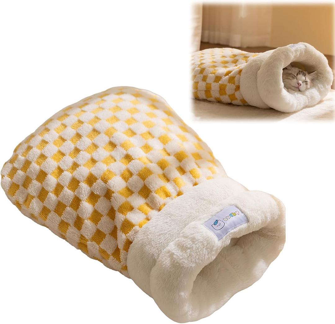 Cat Sleeping Bag, Cat Sleeping Bag for Indoor Cats Self Heating Cozy Winter Soft Plush Self Warm Kittens Indoor Sack 360Wrap Comfortable Pet Snuggle Sack for Cats up to 8kg/17.6lb (Yellow Plaid)