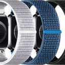 3 Pack Sport Loop Band Compatible with Apple Watch Bands 38mm 40mm 41mm 42mm 44mm 45mm 46mm 49mm for Women Men, Adjustable Breathable Nylon Straps for iWatch Series 10/9/8/7/6/5/4/3/SE/Ultra (Black+Blue+SeaShell)