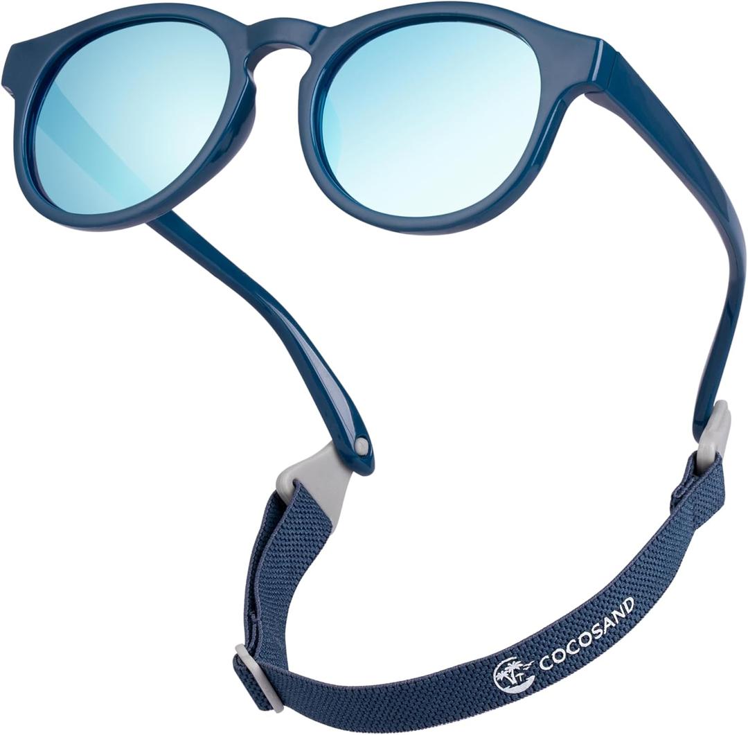 COCOSAND Baby Boys Girls Sunglasses with Strap Polarized Flexible Retro Round for Infants Toddler Age 0-24 Months, Blue