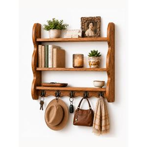 3 Tier 100% Solid Wood Wall Shelf with 5 Hooks, Vintage Wooden Shelf, Rustic Scalloped Edge Floating Shelf for Wall Decor and Storage, Farmhouse Display Shelf for Kitchen, Bathroom, Bedroom, 17.3 x 5.1 x 18.9 inches