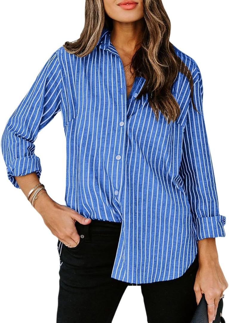 siliteelon Womens Button Down Shirts Cotton Striped Dress Shirt Long Sleeve Collared Office Work Blouses Tops (Large)