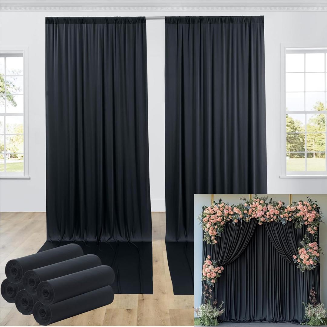30ftx12ft Wrinkle Free Black Backdrop Curtain, 6 Panels 12FT Height Black Wedding Backdrop Drapes, Silky Polyester Back Drop Cloth for Birthday Photography Background Party Backdrop Draping