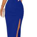 OWIN Women's Sexy Elegant Off Shoulder Sleeveless Side Slit Ruched Bodycon Wedding Guest Cocktail Party Midi Dress Royal Blue S