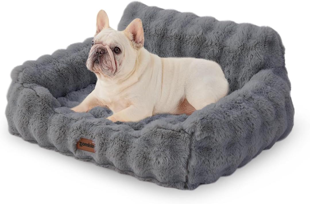 Small Dog Sofa - Orthopedic Cat Sofa Bed for Indoor Cats, Fluffy Faux Fur Dog Couch with Supportive Egg Foam, Cute Pet Couch Bed Removable Washable Cover and Non-Slip Bottom, Grey