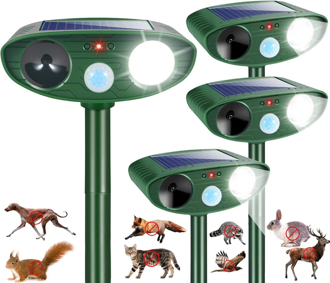4Pack Sonic Fortress Pro Deer Repellent Devices Squirrel Raccoon Rabbit Cat Fox Deterrent Solar Ultrasonic Animal Repellent Outdoor with Motion Activated Strobe Light for Garden Yard Lawn Protection